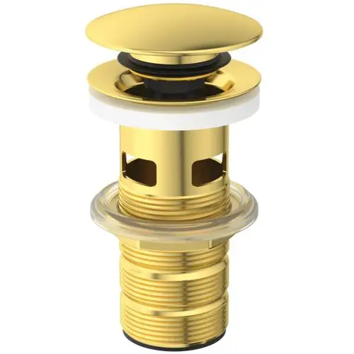 Waschtischablauf in Goldoptik mit Push-Open-Funktion und Überlauf von Ideal Standard. Das Produkt zeigt einen runden, glänzenden Deckel und eine zylindrische Basis.
